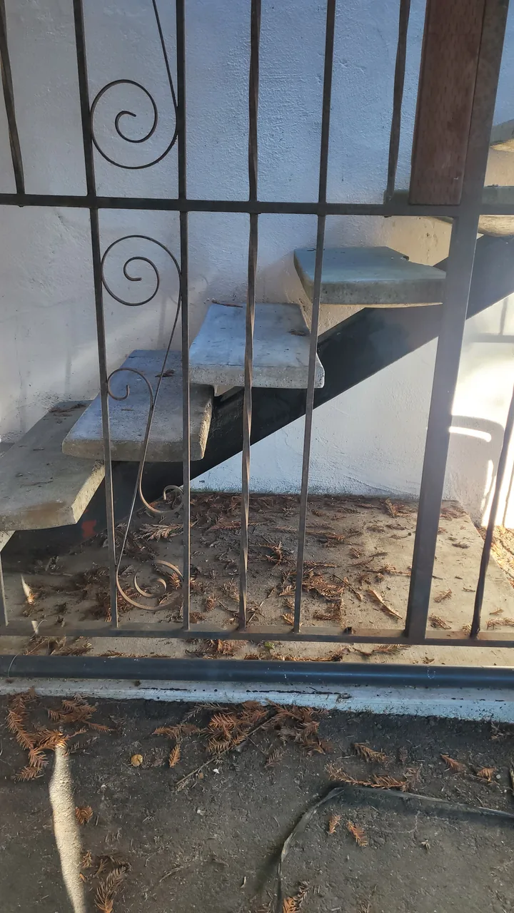 Side profile of the repaired stair and replacement tread support through the metal gate.